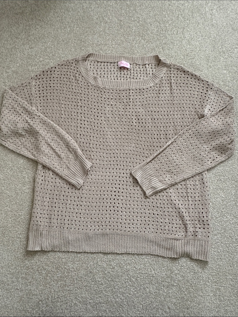 Pink Lily Taupe Open-Knit Crewneck Sweater